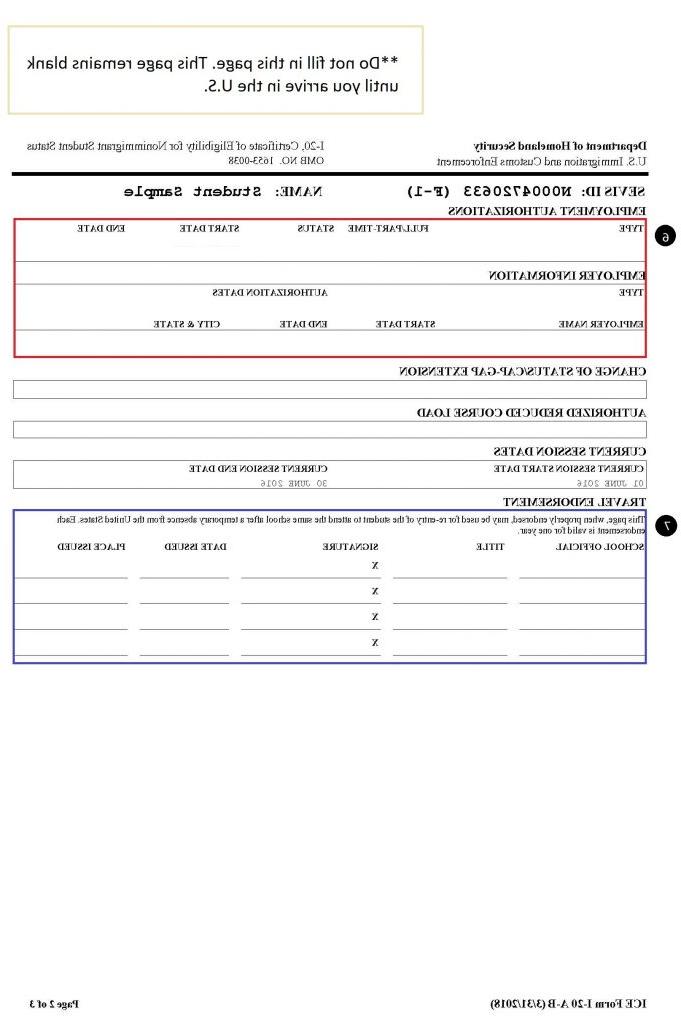 Visual of the second page of the Form I-20, 包含有关就业和旅行背书的信息.