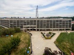 The exterior of the front of Blanton Hall from an elevated angle.